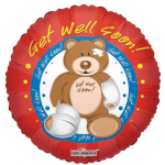 Red get-well balloon with a teddy bear illustration