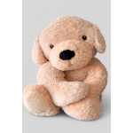 Plush tan teddy bear sitting with its paws crossed