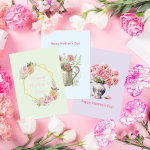 Set of three pastel Mother's Day cards surrounded by pink and white flowers on a pink background