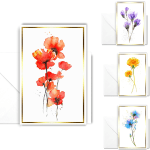 Set of floral greeting cards with watercolor red, purple, yellow, and blue blossoms and white envelopes