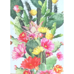 Cactus with colorful flowers in a watercolor-style print
