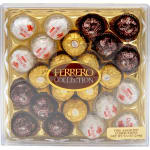 Box of assorted Ferrero chocolate and hazelnut candies in gold, brown, and white wrappers