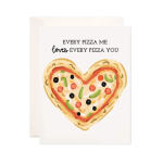 Greeting card with a heart-shaped pizza illustration and text