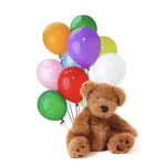 Teddy bear with a cluster of colorful balloons