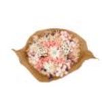 Round basket of pink and white flowers