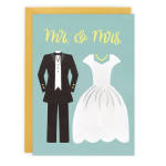 Wedding card with a tuxedo and dress illustration and "Mr. & Mrs." text