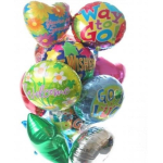 Cluster of colorful foil balloons with birthday messages