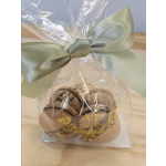 Wrapped box of chocolate macarons tied with a pale green bow