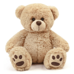 Plush teddy bear with tan fur and paw-print feet