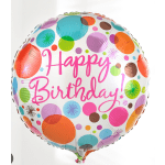 Round birthday balloon with colorful polka dots and pink lettering