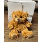 Plush teddy bear with a ribbon sitting in front of white boxes