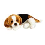 Plush beagle puppy lying down on a white background