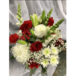 Bouquet of red and white roses, lilies, and chrysanthemums