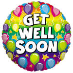 Round balloon with "GET WELL SOON" text and colorful balloon pattern