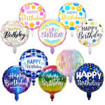 Assorted round birthday balloons with colorful "Happy Birthday" text.