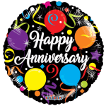 Round black anniversary balloon with colorful confetti and balloons