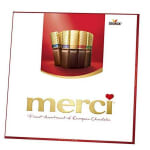 Box of Merci European chocolates with red and gold packaging