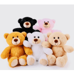 Five plush teddy bears in black, pink, yellow, white, and beige