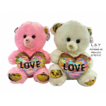 Pink and white stuffed teddy bears holding rainbow sequin LOVE hearts with gold accents