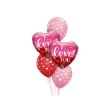 Cluster of heart-shaped love balloons in pink and red