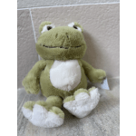 Plush green frog toy with white belly and feet