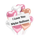 Heart-shaped pink, white, and peach balloons with an "I Love You" sign