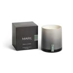 Gray scented candle in a glass jar with matching box
