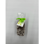 Bag of chocolate-covered pretzels tied with a green ribbon