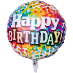 Round birthday balloon with colorful confetti and "Happy Birthday" text