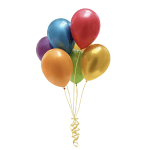 Cluster of colorful helium balloons with curling ribbons