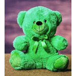 Green plush teddy bear with a ribbon bow