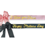 Pink and black satin ribbons with gold lettering reading "I Love you Mom" and "Happy Mothers Day"