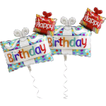Birthday gift-shaped balloons with colorful confetti print