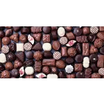 Assorted chocolates arranged in rows.