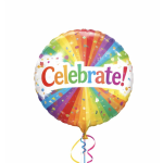 Round rainbow balloon with the word Celebrate!