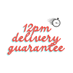 Text reading "12pm delivery guarantee" with a stopwatch icon