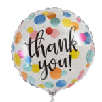 Round foil balloon with colorful polka dots and the words thank you