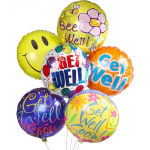 Cluster of colorful get-well balloons with smiley faces and floral graphics