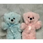 Two plush teddy bears, one blue and one pink, with satin bows