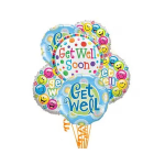 Cluster of colorful get-well balloons with smiley faces
