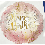 Round pink and gold Happy Birthday balloon with sparkler-style bursts around the edge