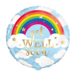 Round rainbow balloon with clouds and the words "get WELL soon"