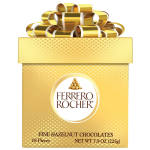 Gold Ferrero Rocher chocolate gift box with a ribbon bow