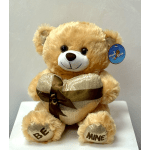 Teddy bear holding a heart with "BE MINE" on its paws