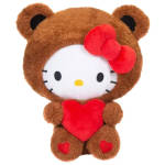 Hello Kitty plush in a brown bear costume holding a red heart
