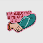 Sticker with Spanish text and a hand holding a teal flip-flop