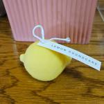 Yellow lemon-shaped plush with a tag reading Lemon Poundcake