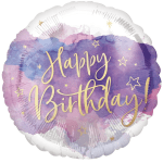 Round birthday balloon with purple watercolor design and gold lettering