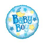 Round blue foil balloon with Baby Boy text, stars, clouds, and a smiling crescent moon.