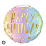 Pastel rainbow birthday balloon with gold lettering and stars